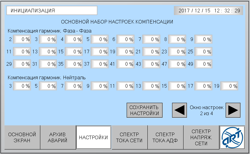Активный фильтр АФК. Экран настройки компенсации высших гармоник